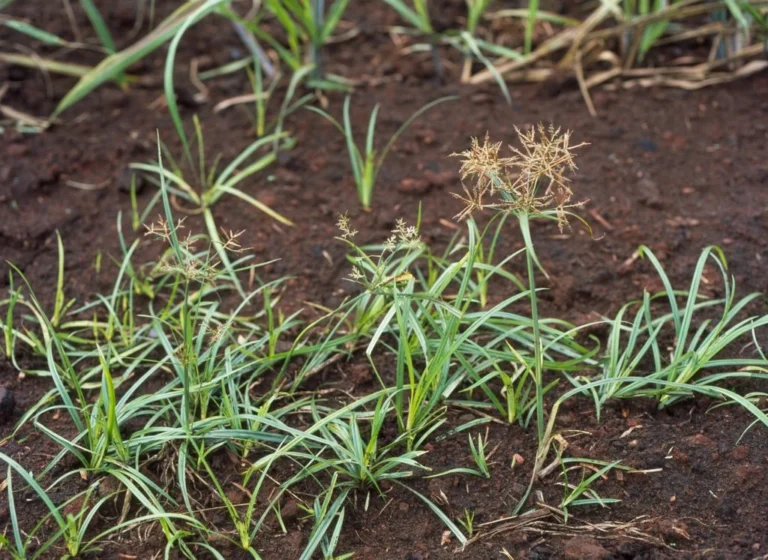 Erva daninha tiririca (Cyperus rotundus) crescendo em solo úmido e escuro