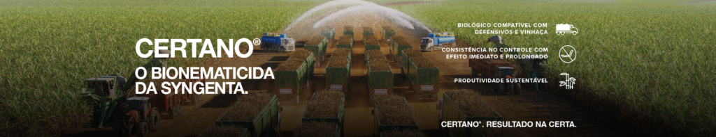 Canavial em fase de colheita, destacando o bionematicida e biofungicida CERTANO®.