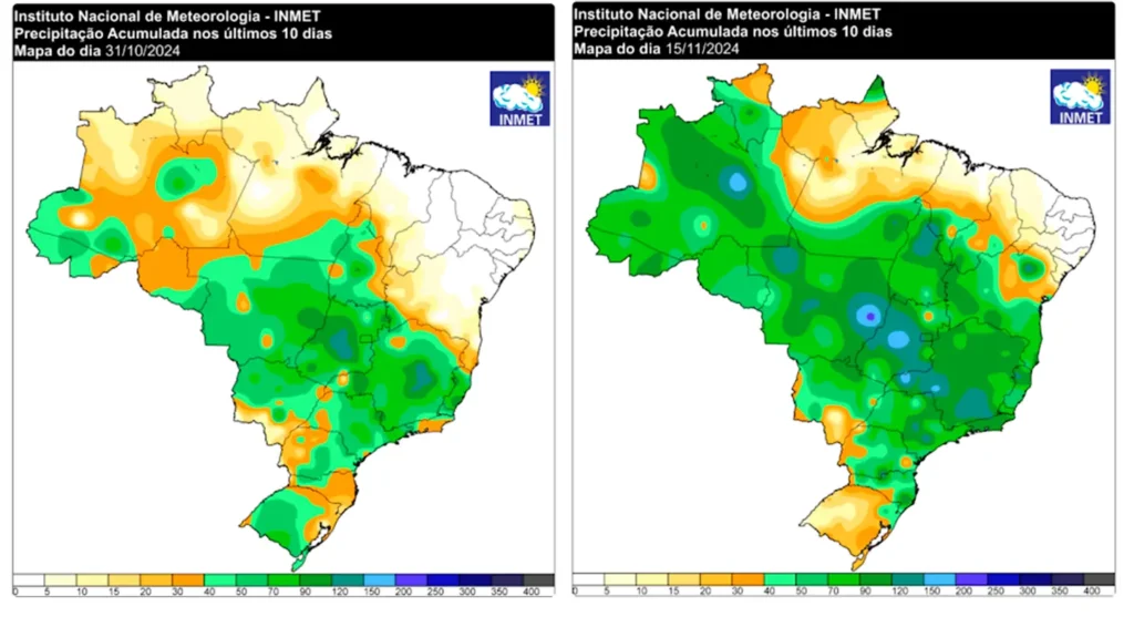 Precipitação acumulada nos Estados brasileiros no mês de outubro de 2024.