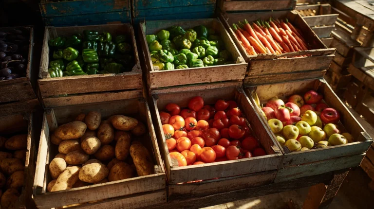 Expositor de hortifrúti com caixas de madeira organizadas contendo pimentões verdes, pimentas, cenouras, batatas, tomates e maçãs vermelhas e verdes.
