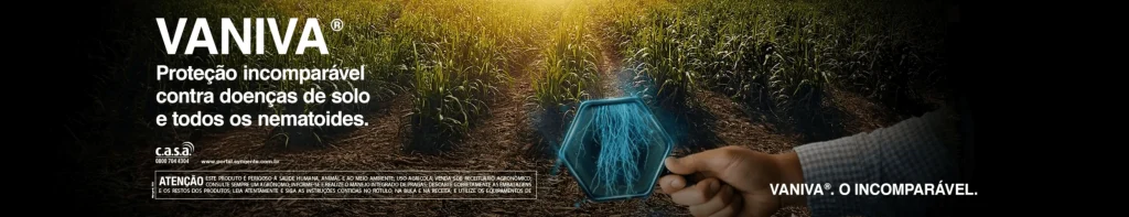 Banner do nematicida para cana VANIVA®, ilustrando sua atuação “acima e abaixo” do solo na cultura. A lupa destaca raízes saudáveis, simbolizando a proteção radicular. No pôster, lê-se o slogan “Proteção incomparável contra doenças de solo e todos os nematoides” e Vaniva® – o incomparável.