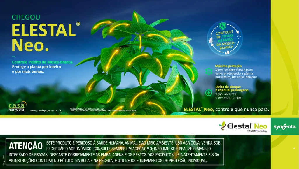 Banner publicitário da Syngenta anunciando o Elestal Neo para controle de todas as fases da mosca-branca. A imagem central mostra uma planta com setas amarelas indicando o movimento sistêmico do produto para cima e para baixo, oferecendo máxima proteção, efeito de choque e residual prolongado.