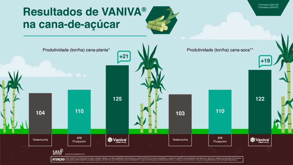 Gráfico de resultados de VANIVA® na cana-de-açúcar. O produto entregou +21 ton/ha em cana-planta e +19 ton/ha em cana-soca, superando a testemunha e o tratamento com Fluopyram.