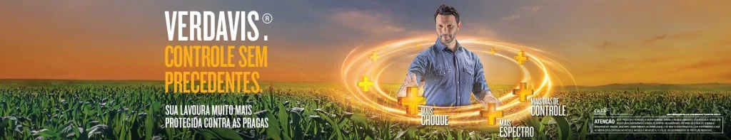 Banner do inseticida VERDAVIS®, da Syngenta. A imagem mostra um agricultor em uma lavoura de milho, com o texto "Controle sem precedentes. Sua lavoura muito mais protegida contra as pragas" e destaca benefícios como "Mais choque", "Amplo espectro" e "Máximo de controle".