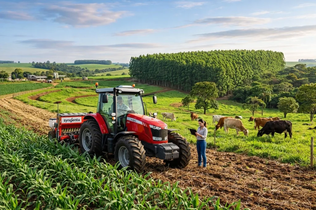 Trator andando no meio da plantação e mulher ao lado