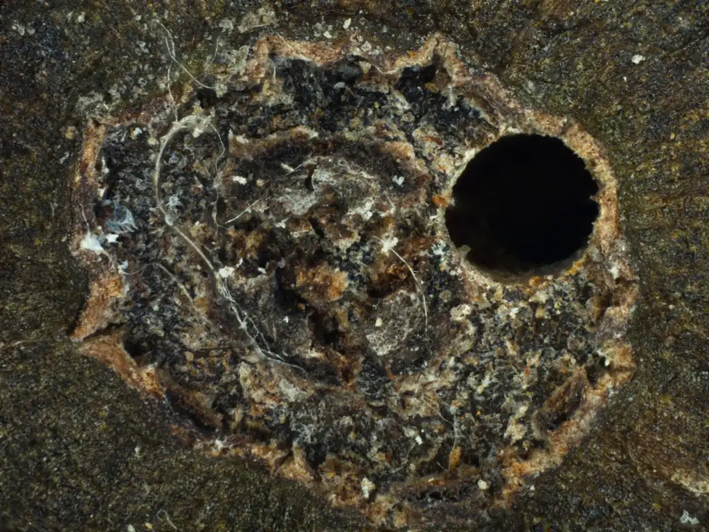 Close-up de danos de perfuração causados pela broca do café (Lat. Hypothenemus hampei)