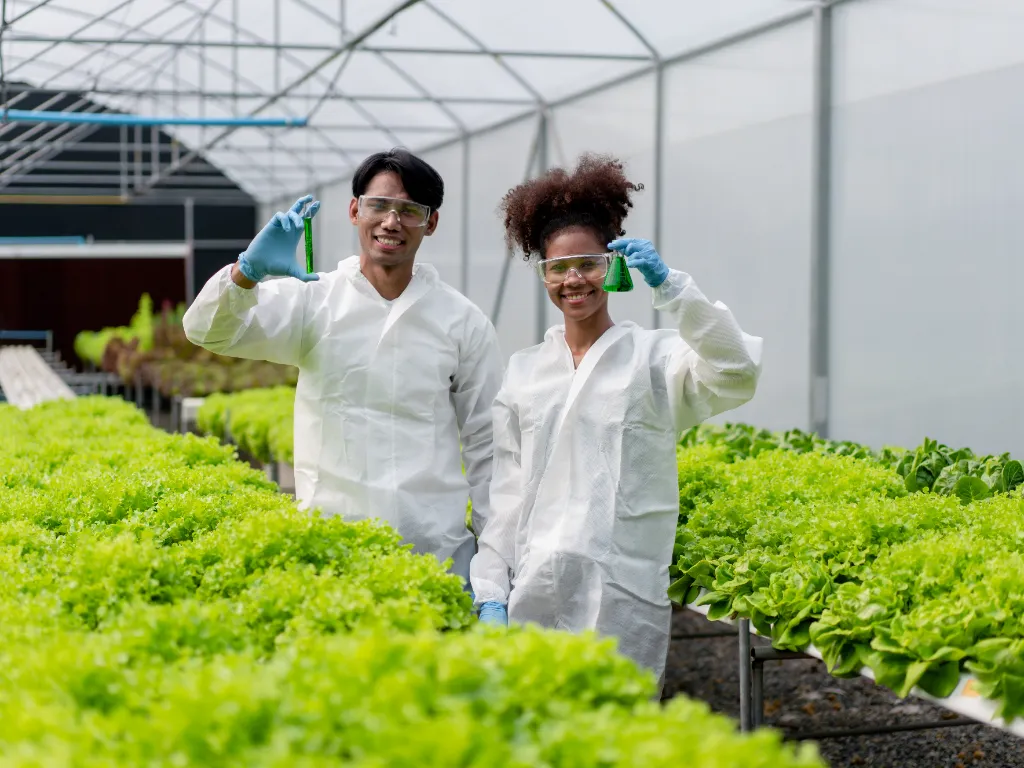 Dois cientistas estão em uma estufa, segurando plantas verdes. A cena é de curios