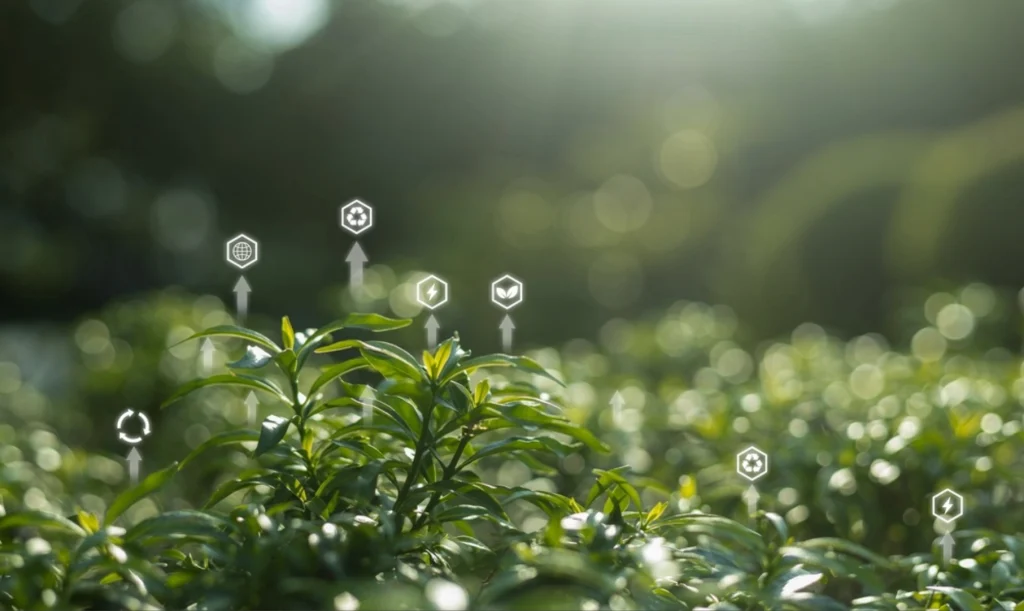 Campo agrícola verdejante iluminado pelo sol, sobreposto por ícones digitais que representam tecnologia e gestão inteligente de recursos, simbolizando a integração da agricultura sustentável com princípios da economia circular e inovação tecnológica.