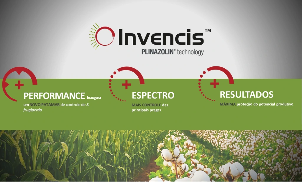 Infográfico destacando os pilares do Invencis: alta performance no controle de pragas, amplo espectro de ação e aumento do potencial produtivo