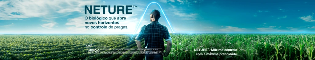 Banner do bioinseticida NETURE® para milho e soja, com o slogan "o biológico que abre novos horizontes no controle de pragas."
