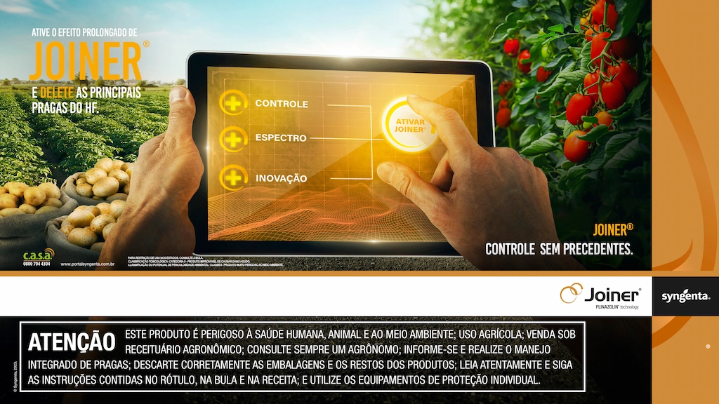 Banner do inseticida e acaricida JOINER, indicado para o controle da larva-alfinete na batata. A imagem destaca um plantação de batata e tomate, na qual um produtor segura um tablet que destaca os benefícios de JOINER "+ Controle, + Espectro e + Inovação", além da assinatura "Ative o efeito prolongado de JOINER e delete as principais pragas do HF."