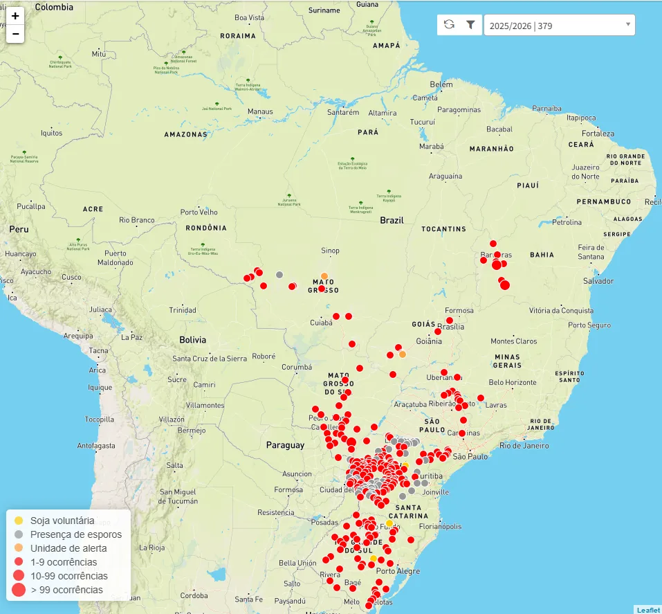 Ocorrência de ferrugem-asiática na safra de soja 2025/26.
