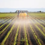 Trator com grande tanque de produtos químicos trabalhando no campo e pulverizando pesticidas no pôr do sol.