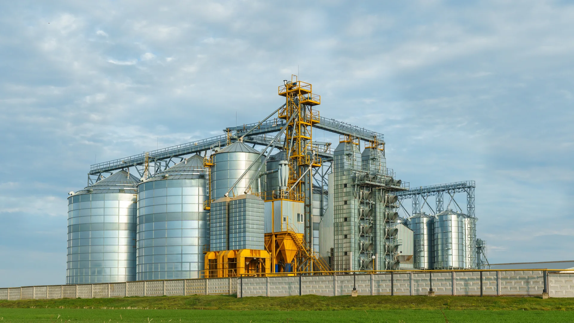 Silos de prata em fábrica de agro para processamento, secagem, limpeza e armazenamento