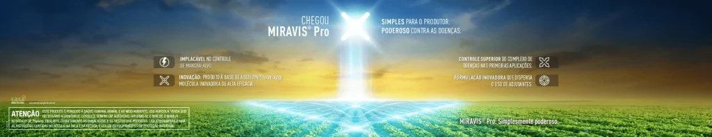 Banner do fungicida para soja de alta performance da Syngenta MIRAVIS PRO, destacando seus benefícios e slogans "Simples para o produtor. Poderoso contra as doenças." e "MIRAVIS Pro. Simplesmente poderoso."
