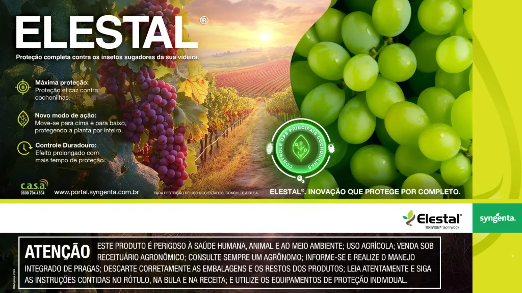 Banner do inseticida para uva ELESTAL® 300 SC. A imagem destaca um parreiral com os seguintes benefícios de ELESTAL® 300 SC "Máxima proteção: proteção eficaz contra cochonilhas, Novo modo de ação: move-se para cima e para baixo, protegendo a planta por inteiro, Controle duradouro: Efeito prolongado com mais tempo de proteção." e assinaturas do produto "Proteção completa contra os insetos sugadores de sua videira." e " ELESTAL®. Inovação que protege por completo."