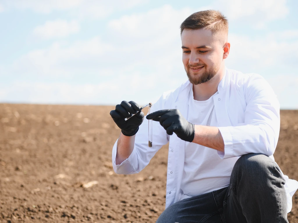 Agricultor com amostras e analise do solo em mãos