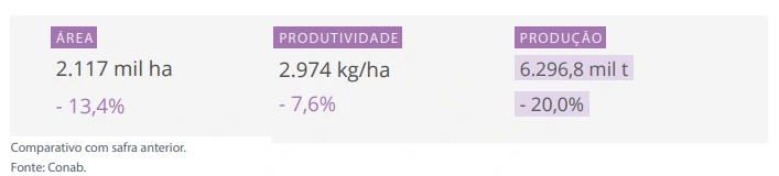 Projeções da Conab de área, produtividade e produção de trigo no Brasil.